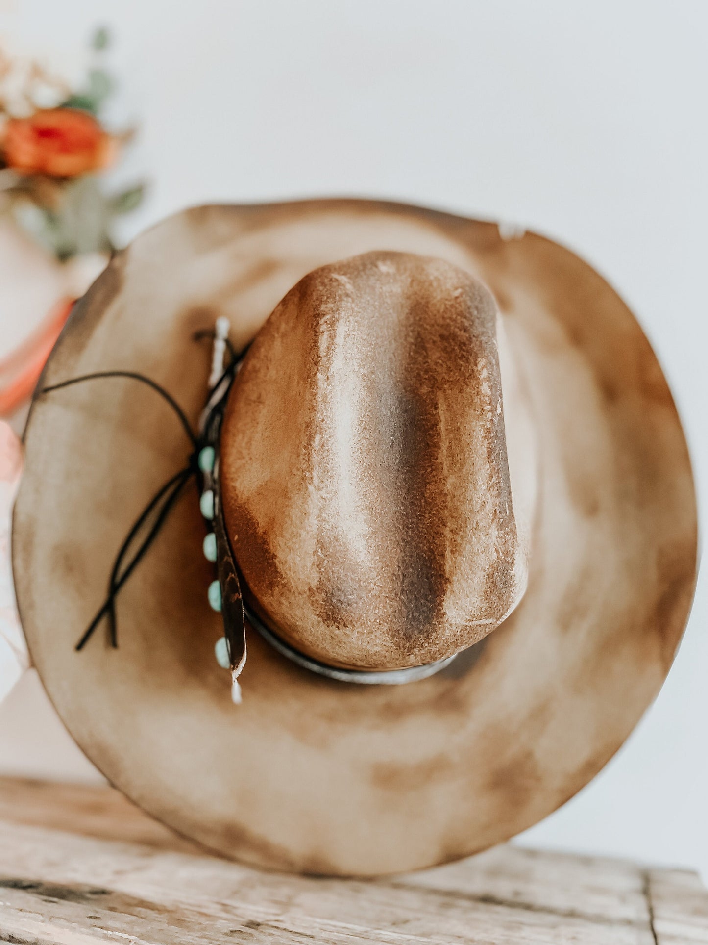 Turquoise Junkie Western Burned Hat | Feathered hat | Distressed Cowboy Hat | Turquoise Accent Hat