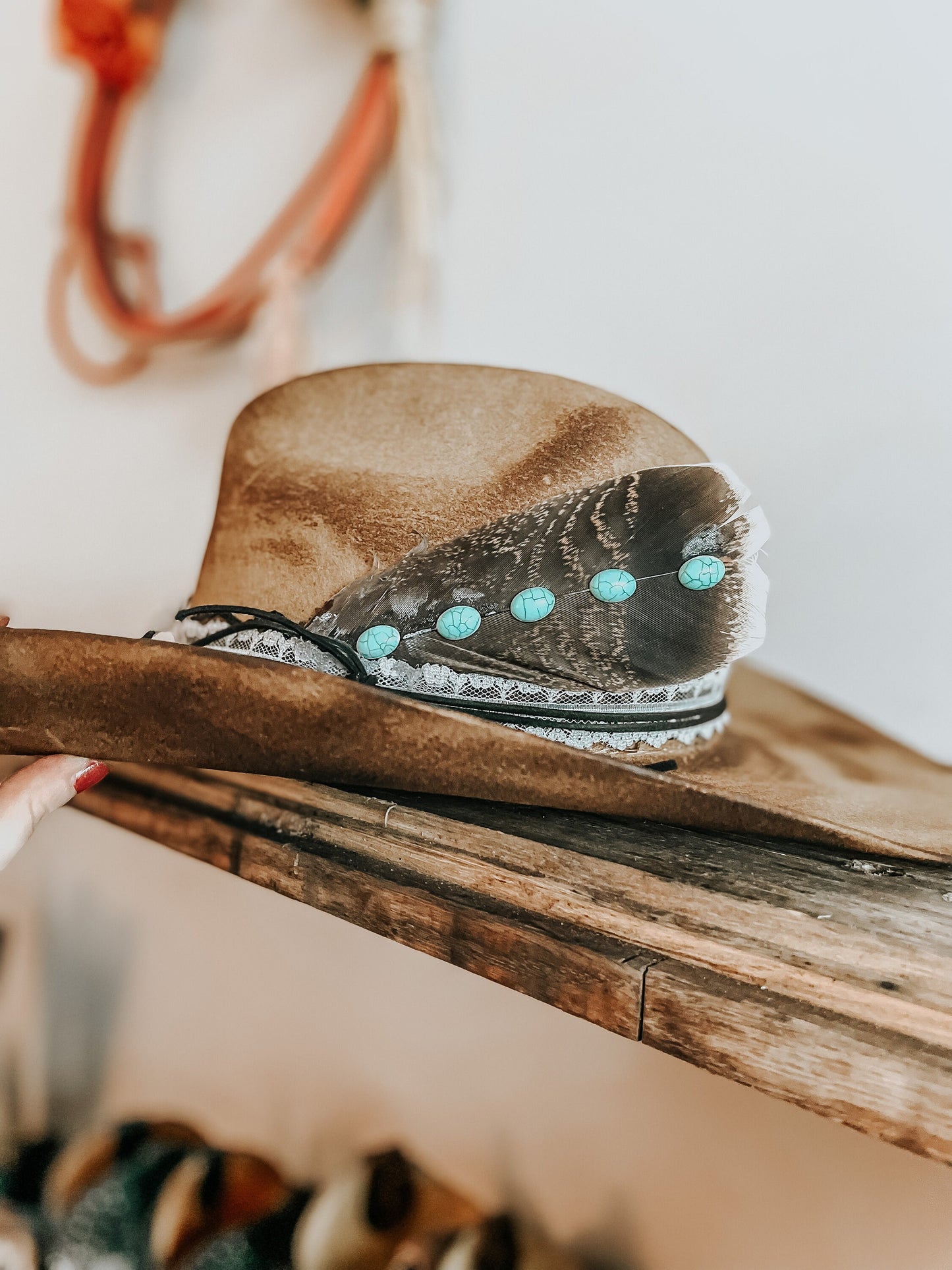 Turquoise Junkie Western Burned Hat | Feathered hat | Distressed Cowboy Hat | Turquoise Accent Hat