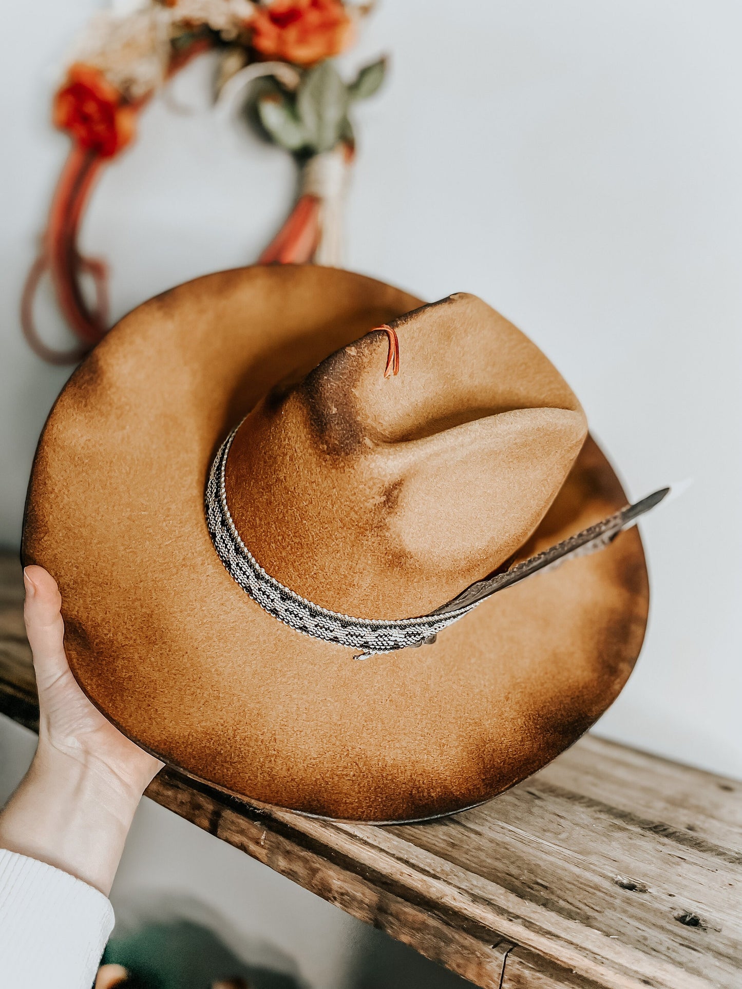 Burned Desert Edge | Burned Hat | Western Burned Hat | Feathered Hat | Distressed Hat | Burned Orange Hat