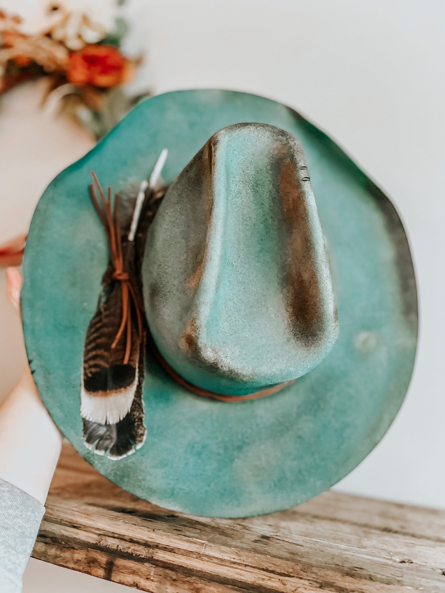 Turquoise Outlaw Burned Hat | Burned Western Hat | Cowboy Hat | Distressed Hats | Feathered Cowboy Hat