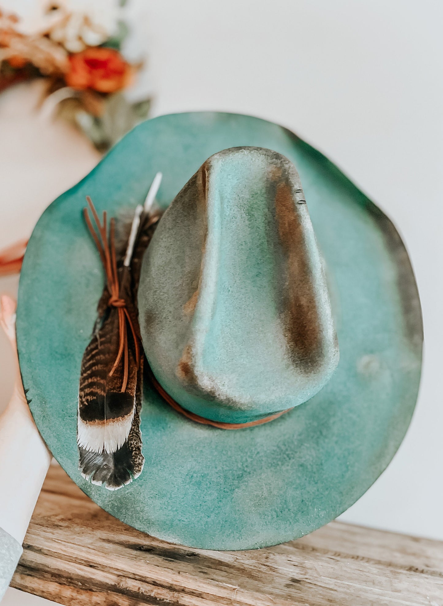 Turquoise Outlaw Burned Hat | Burned Western Hat | Cowboy Hat | Distressed Hats | Feathered Cowboy Hat