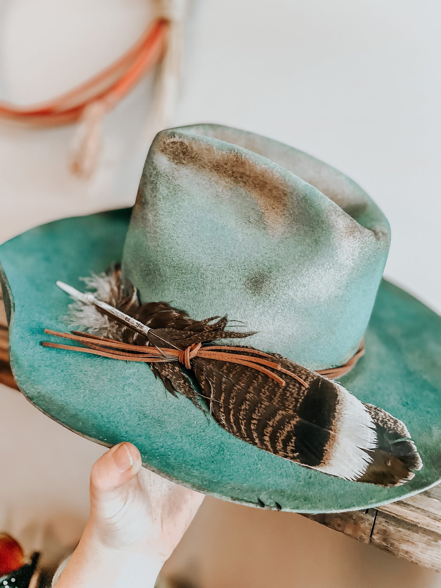 The Turquoise Cowgirl Hand Burnt Wool Felt Hat L