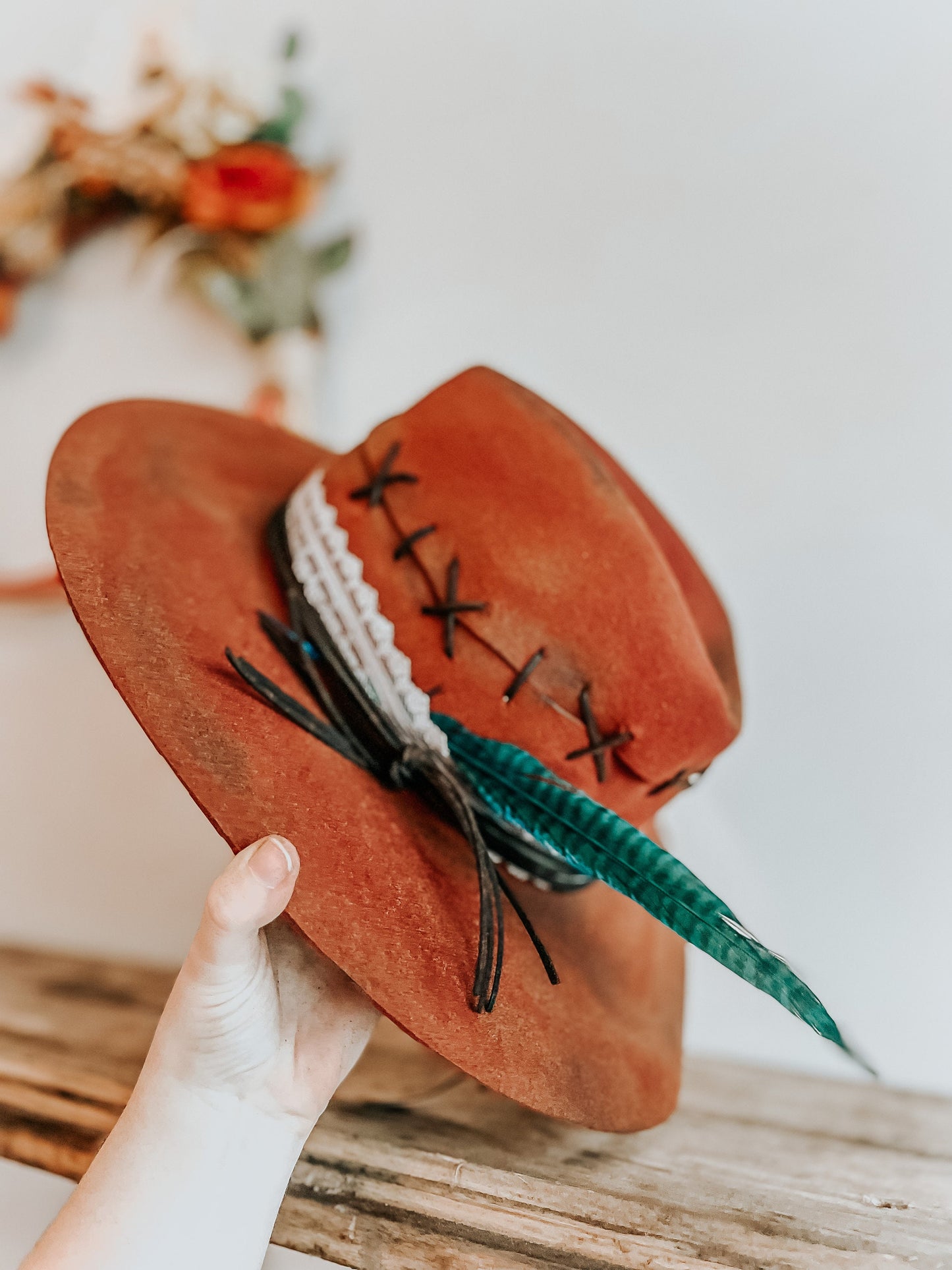 Red Wildest West Burnt Hat | Distressed Hat | Burnt Western Hat | Burned Fedora Hat | Red Fedora with Turquoise Feather