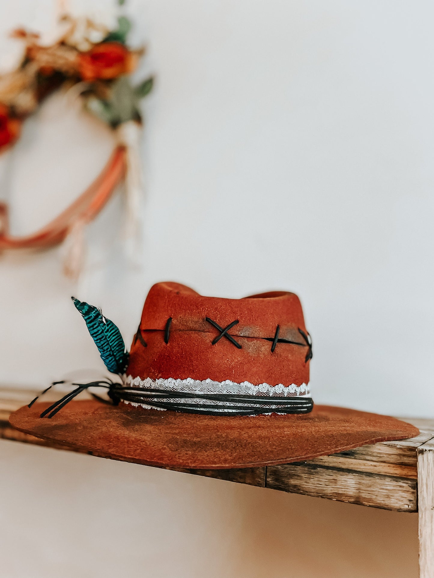 Red Wildest West Burnt Hat | Distressed Hat | Burnt Western Hat | Burned Fedora Hat | Red Fedora with Turquoise Feather