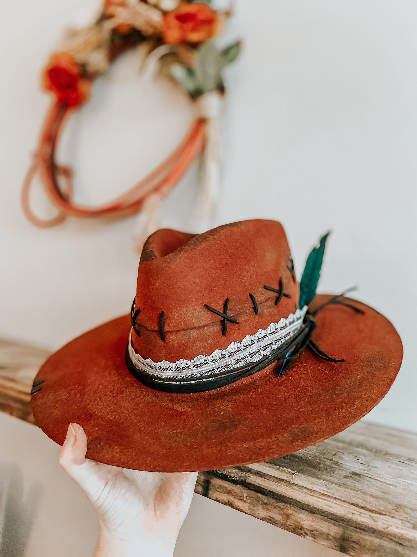 Red Wildest West Burnt Hat | Distressed Hat | Burnt Western Hat | Burned Fedora Hat | Red Fedora with Turquoise Feather