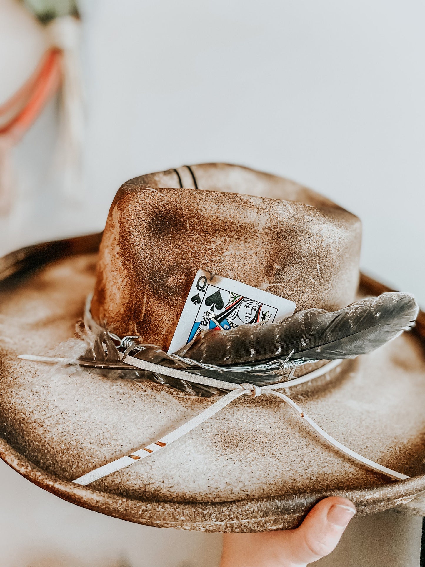 The Outlaws Luck Western Burned Hat | Burned Cowboy Hat | Burned Fedora | Distressed Fedora Hat | Fedora hat with Playing Cards