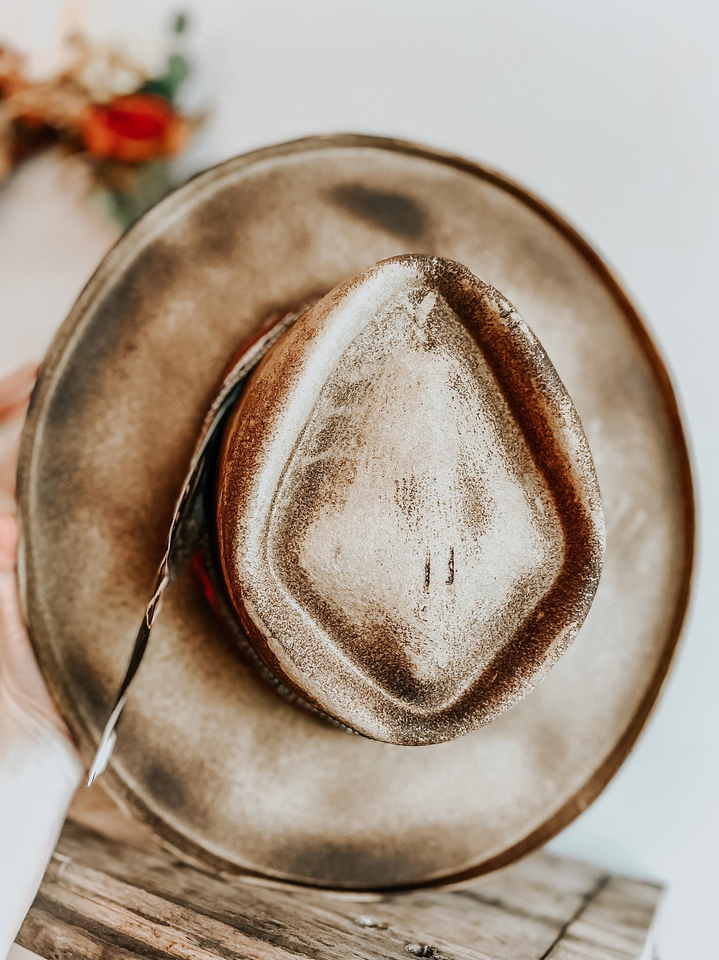 The Rancher's Rustic Ranchero Burned Hat | Distressed Hat | Womens Fedora Hat | Burnt Hat | Arrow Shaped Fedora Top