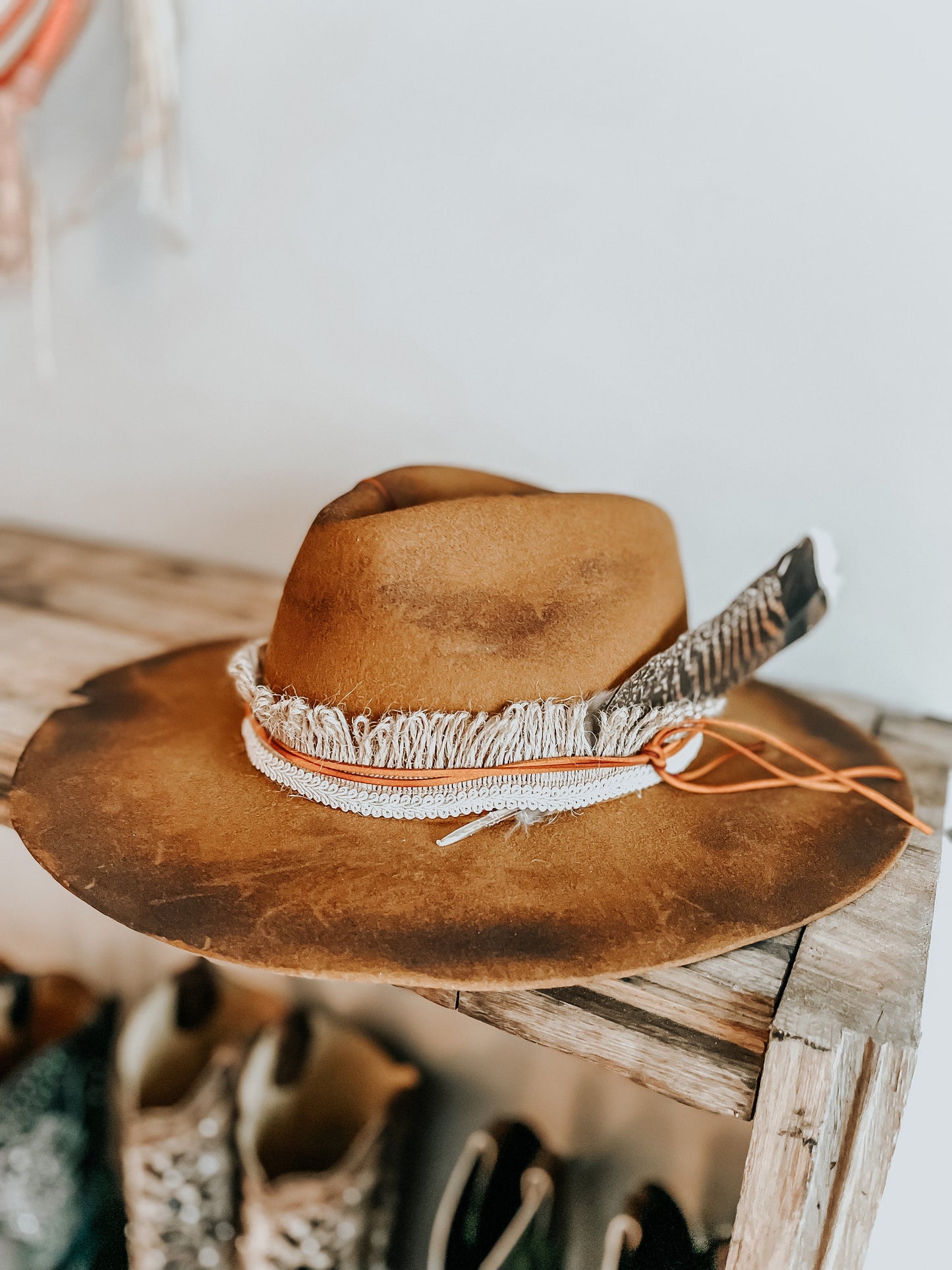 Wild Orange Western Burned Hat | Fedora Hat | Feathered Hat | Distressed Hat | Orange Burned Hat