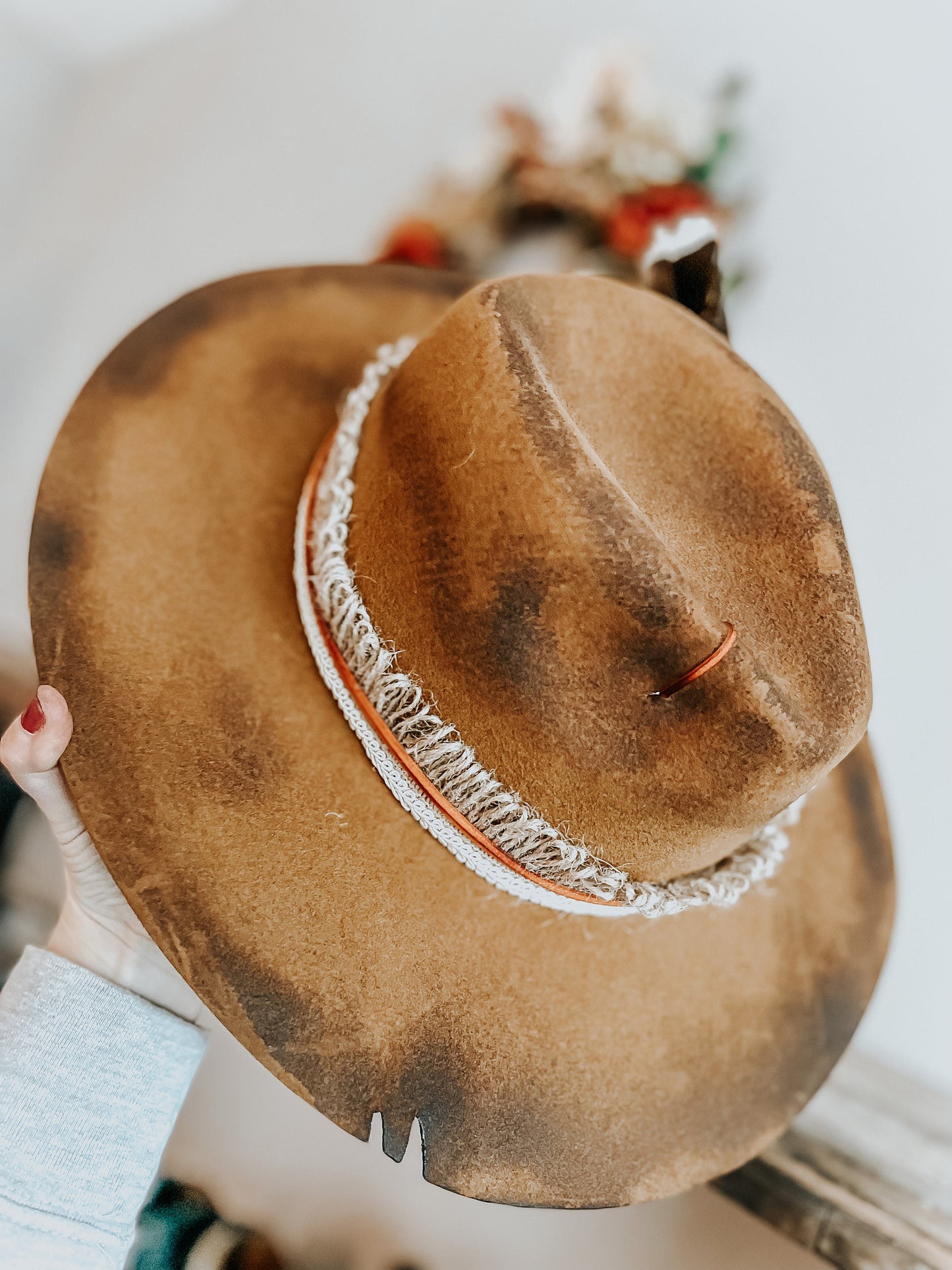 Wild Orange Western Burned Hat | Fedora Hat | Feathered Hat | Distressed Hat | Orange Burned Hat