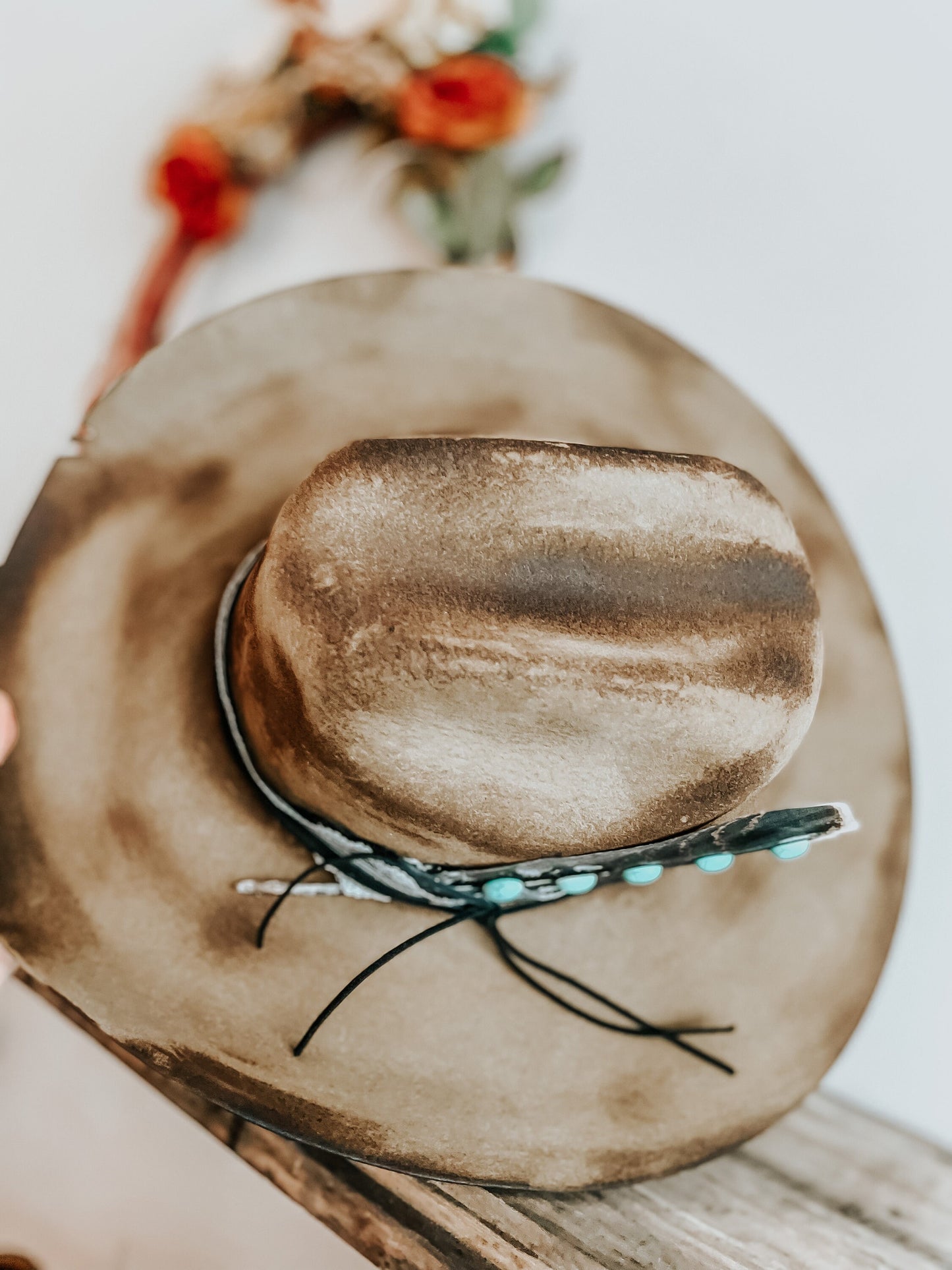 Turquoise Junkie Western Burned Hat | Feathered hat | Distressed Cowboy Hat | Turquoise Accent Hat