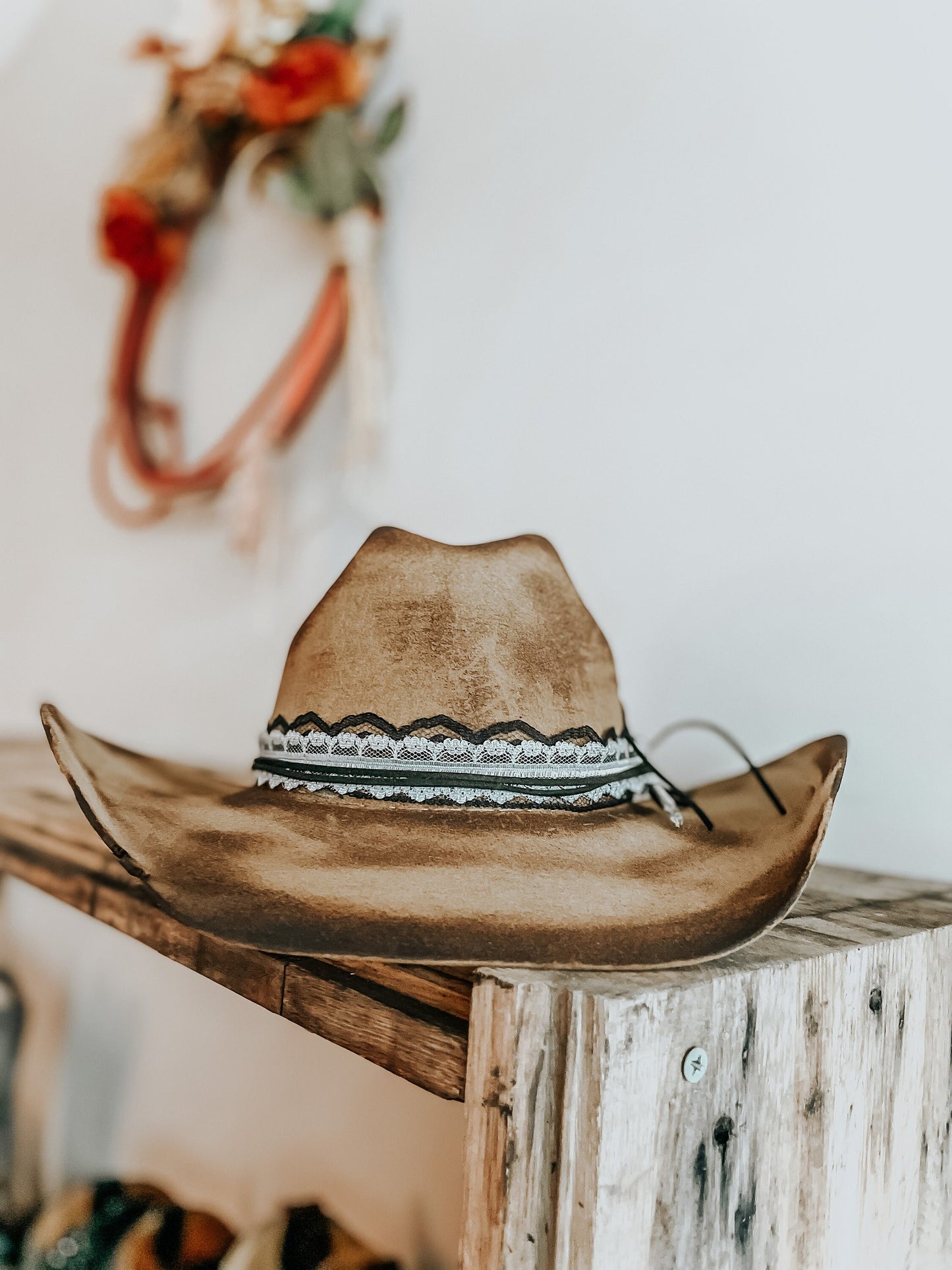 Turquoise Junkie Western Burned Hat | Feathered hat | Distressed Cowboy Hat | Turquoise Accent Hat