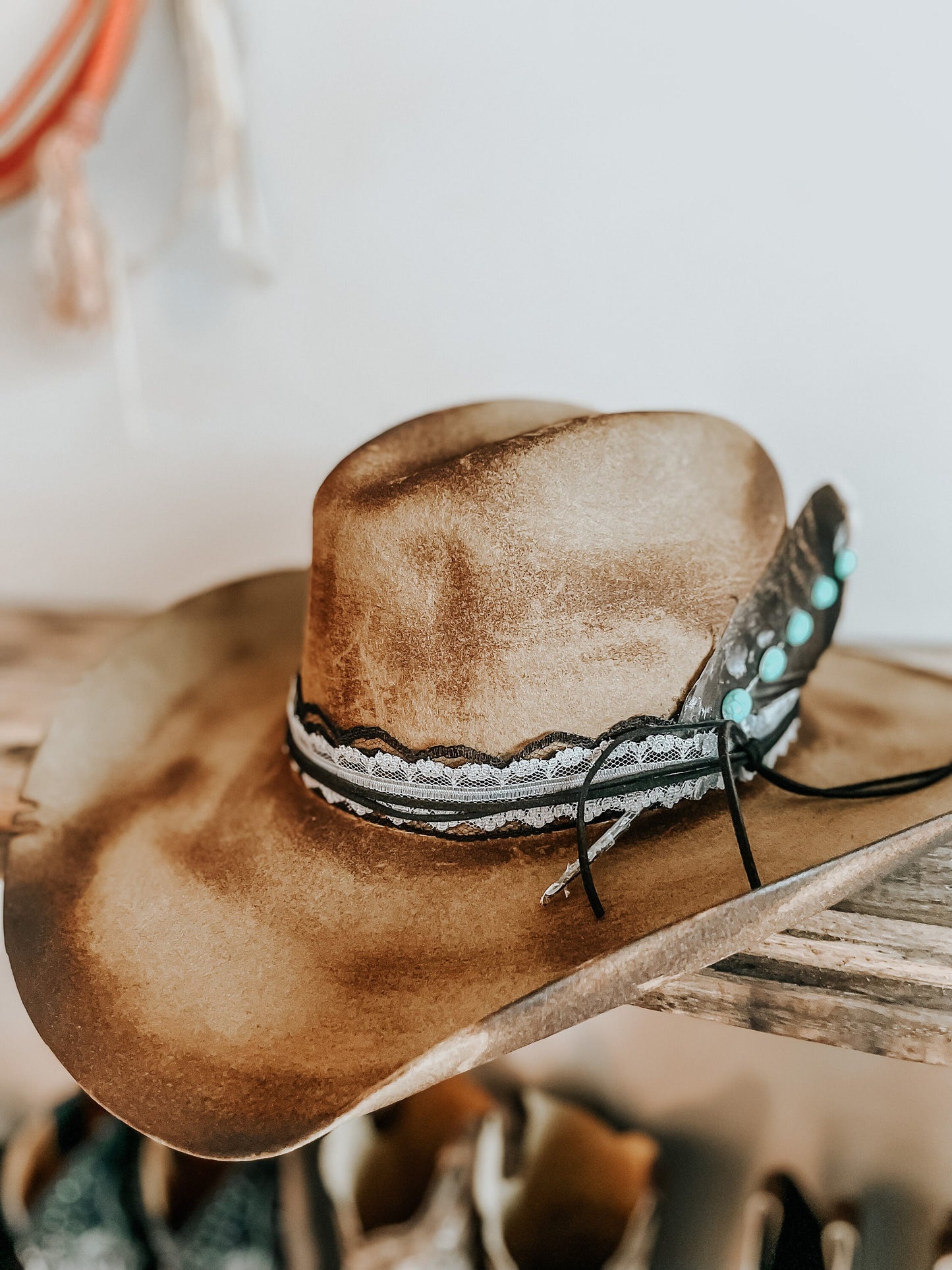 Turquoise Junkie Western Burned Hat | Feathered hat | Distressed Cowboy Hat | Turquoise Accent Hat