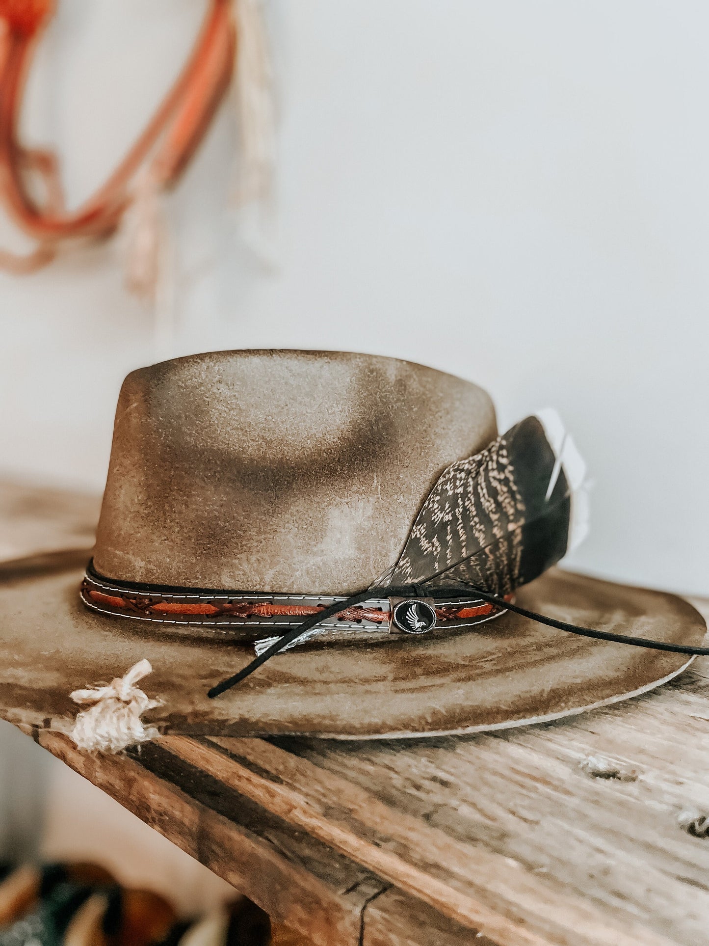 Outlaw of the West Burned Hat | Western Burned Hat | Outlaw Hat | Feathered Hat | Distressed Hat