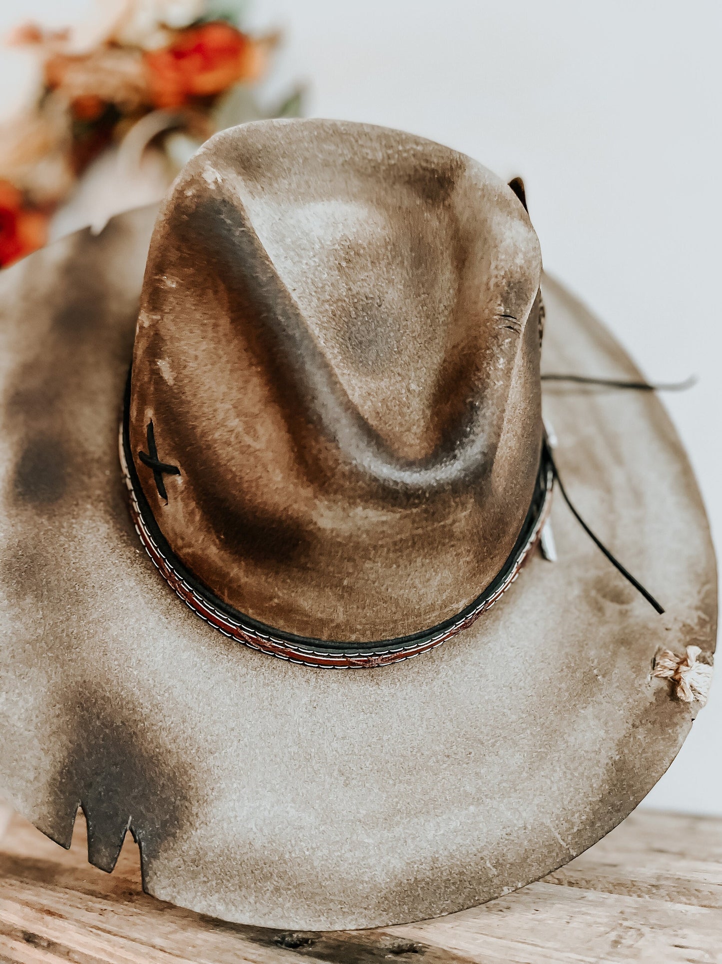 Outlaw of the West Burned Hat | Western Burned Hat | Outlaw Hat | Feathered Hat | Distressed Hat