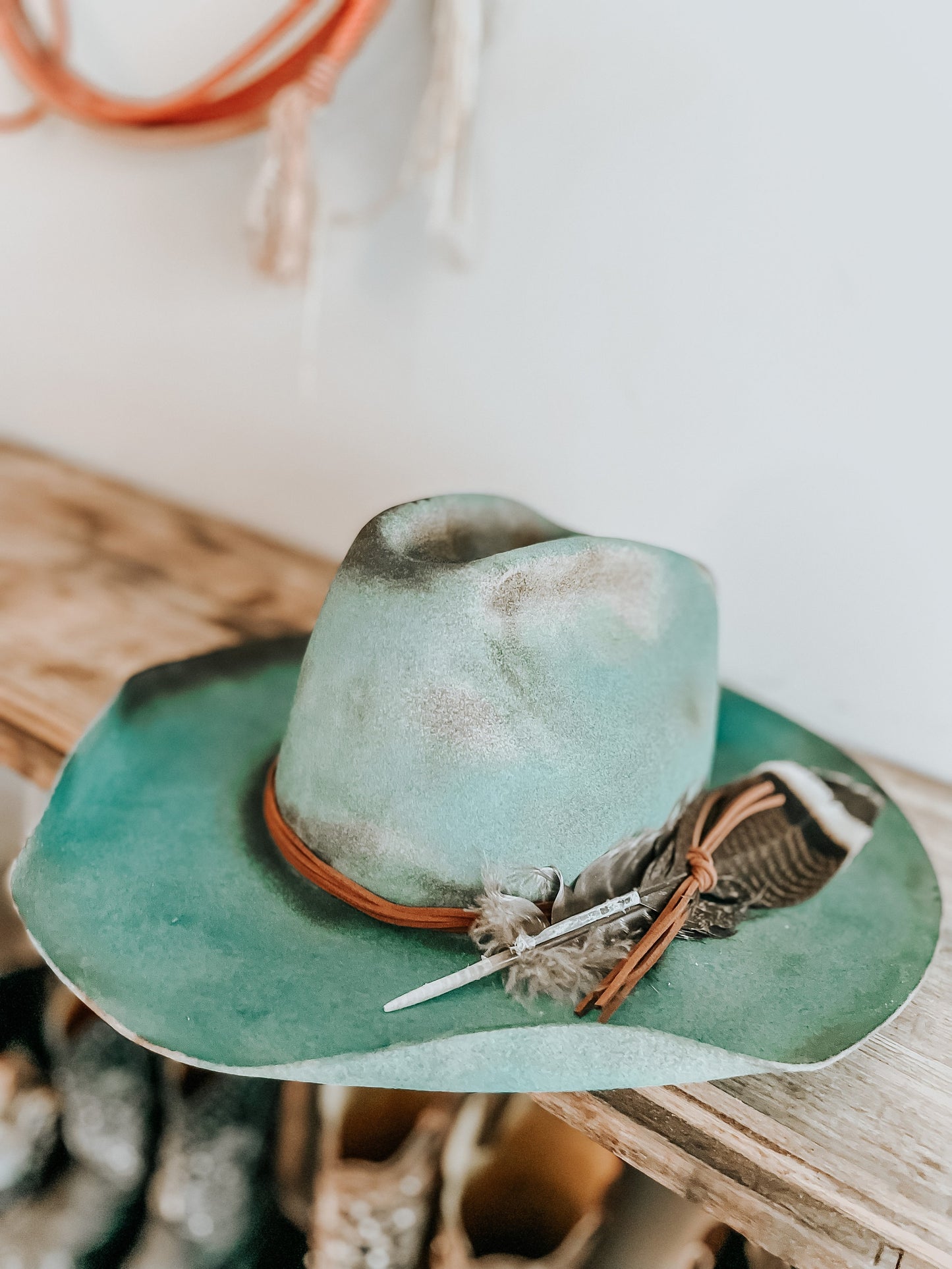 Turquoise Outlaw Burned Hat | Burned Western Hat | Cowboy Hat | Distressed Hats | Feathered Cowboy Hat