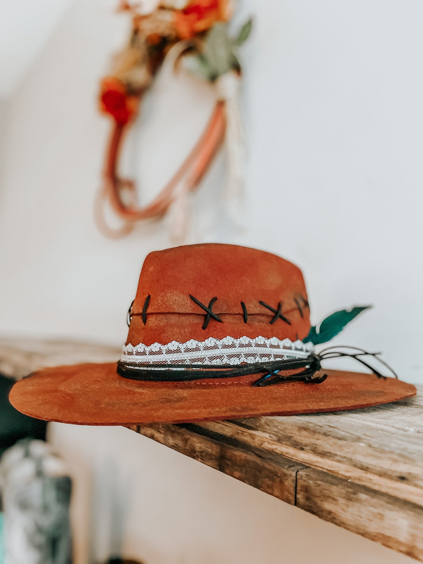 Red Wildest West Burnt Hat | Distressed Hat | Burnt Western Hat | Burned Fedora Hat | Red Fedora with Turquoise Feather