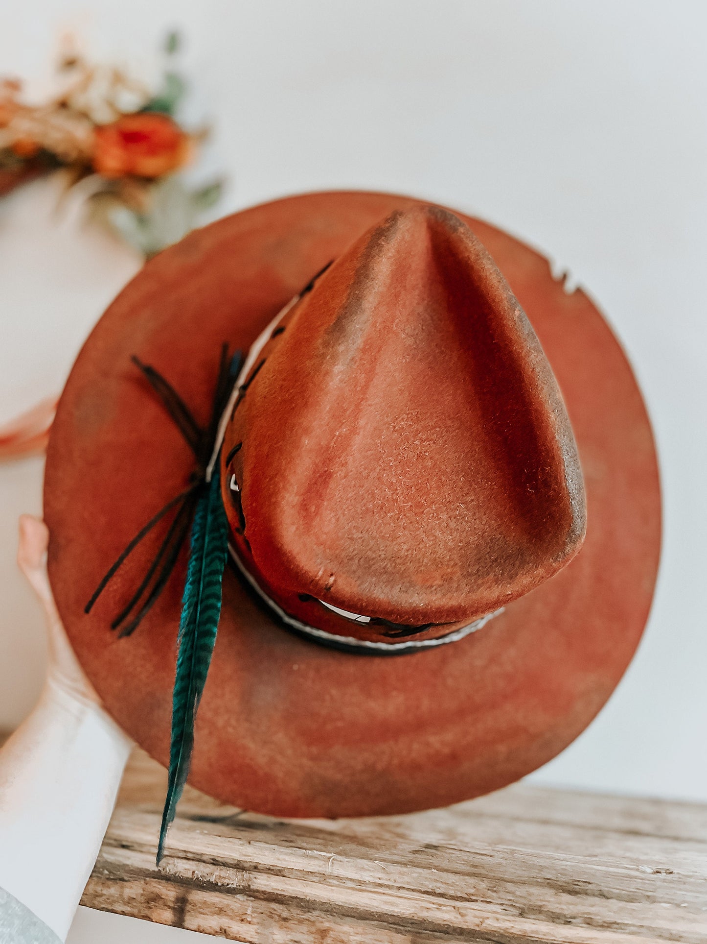 Red Wildest West Burnt Hat | Distressed Hat | Burnt Western Hat | Burned Fedora Hat | Red Fedora with Turquoise Feather