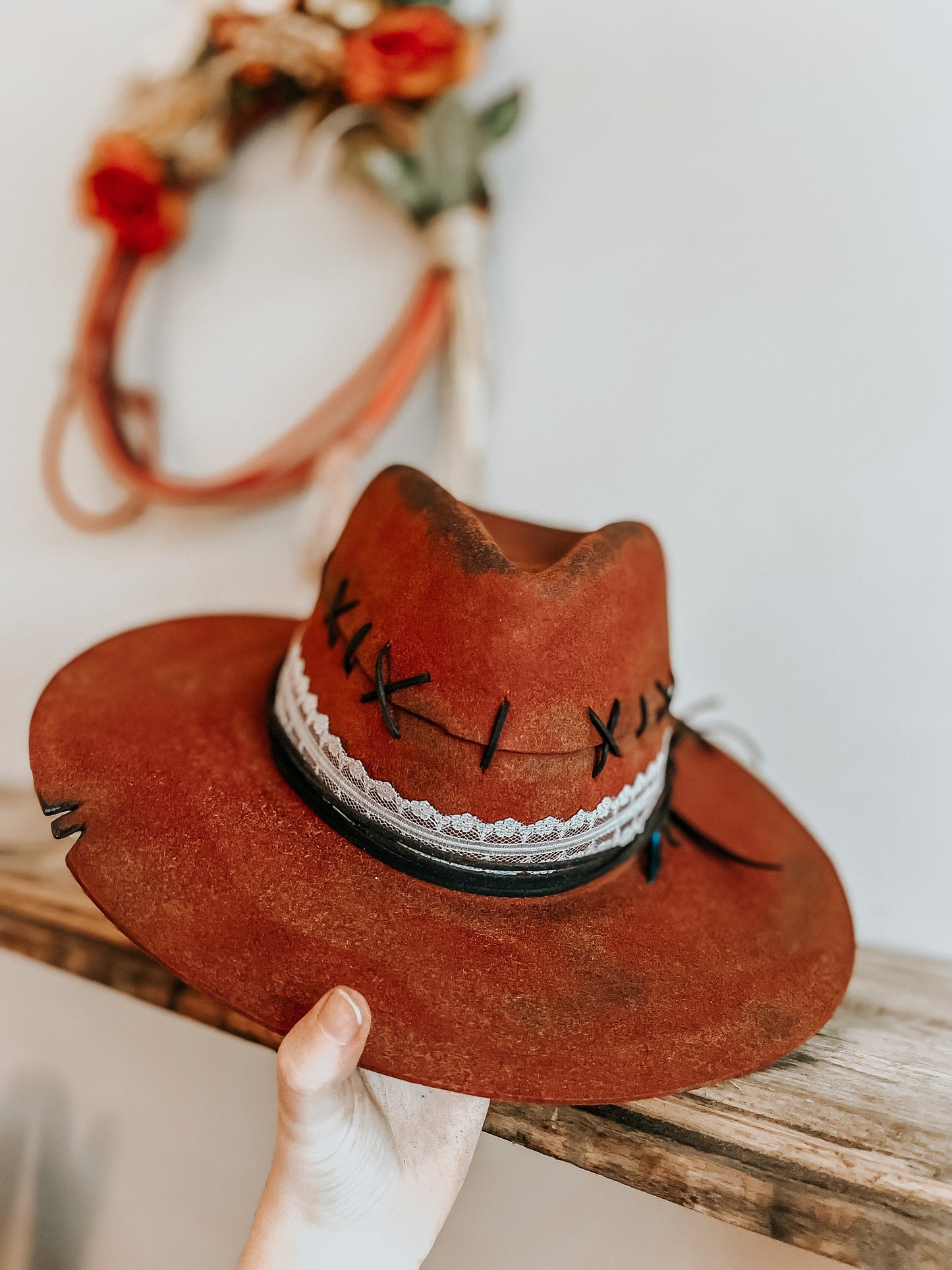 Red Wildest West Burnt Hat | Distressed Hat | Burnt Western Hat | Burned Fedora Hat | Red Fedora with Turquoise Feather