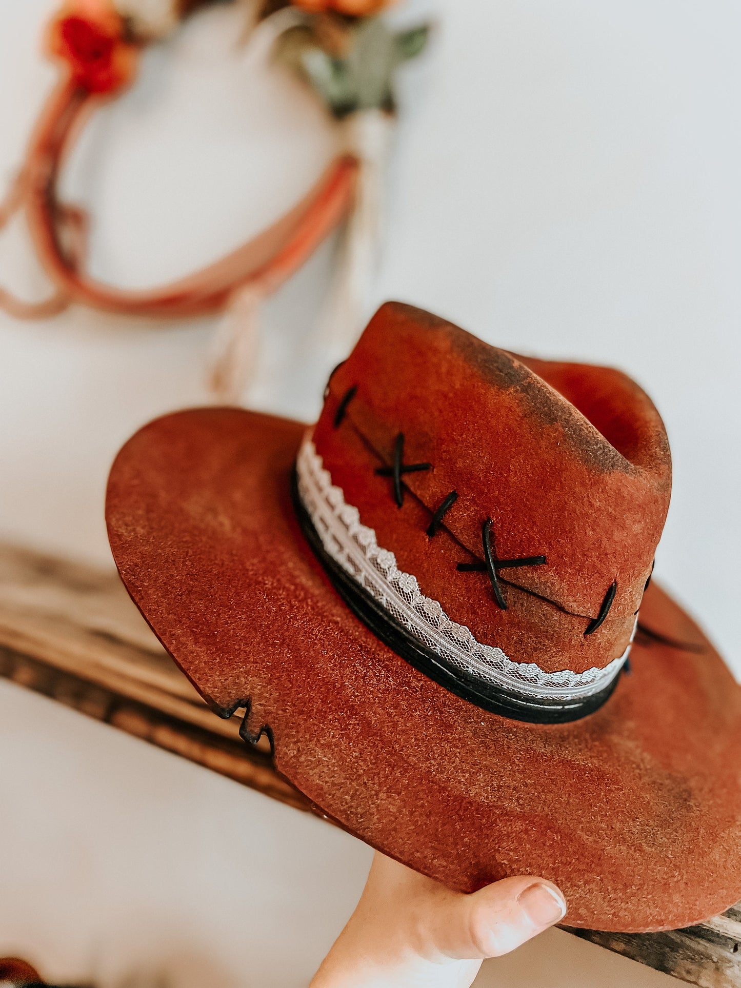 Red Wildest West Burnt Hat | Distressed Hat | Burnt Western Hat | Burned Fedora Hat | Red Fedora with Turquoise Feather