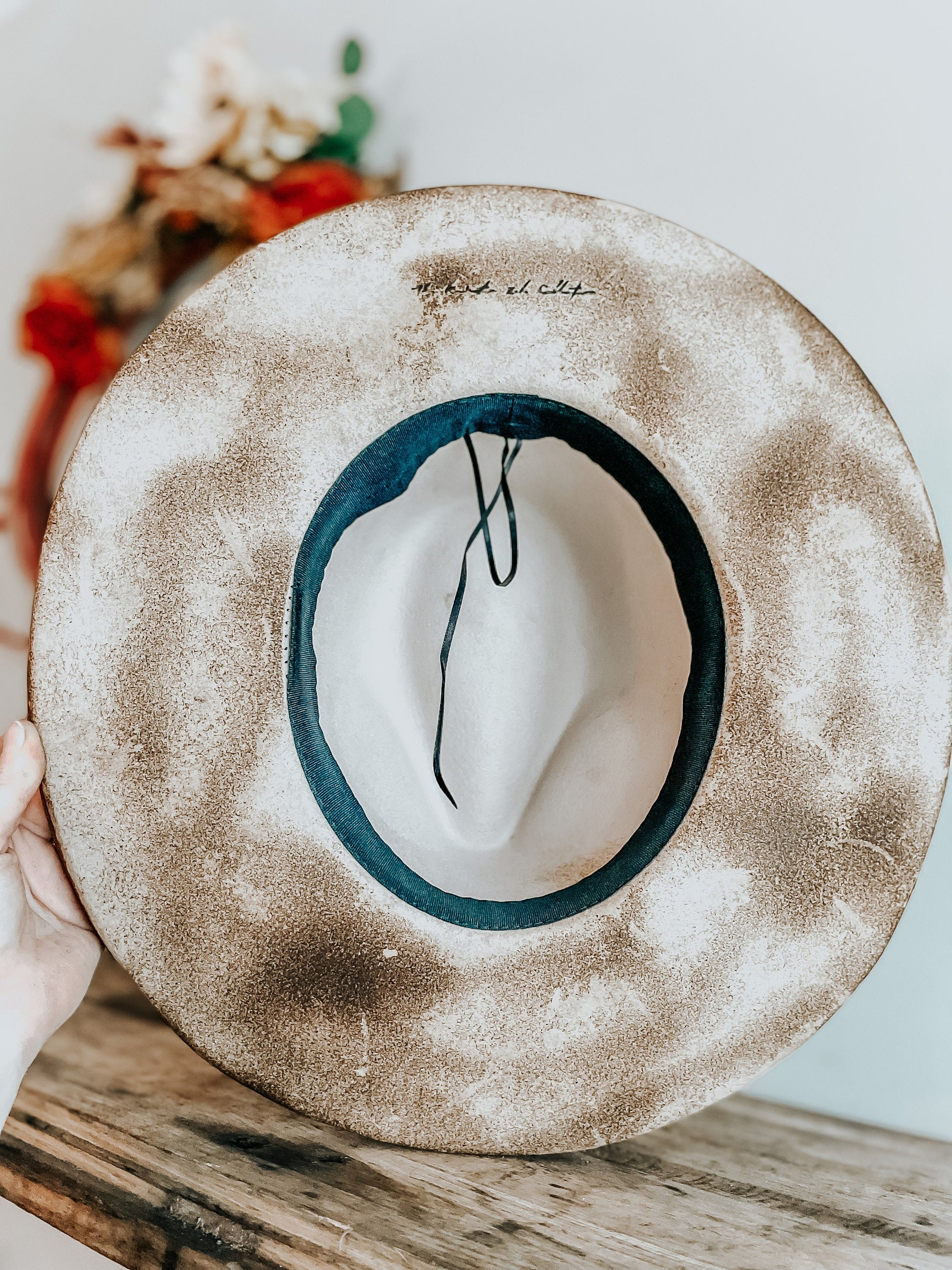 Velvet Floral Hat, Hand Burned