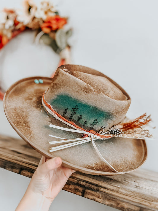 Cactus Country Hat | Western Burned Hat | Burned Fedora Hat | Fall Burned Hat | Cowgirl Hat